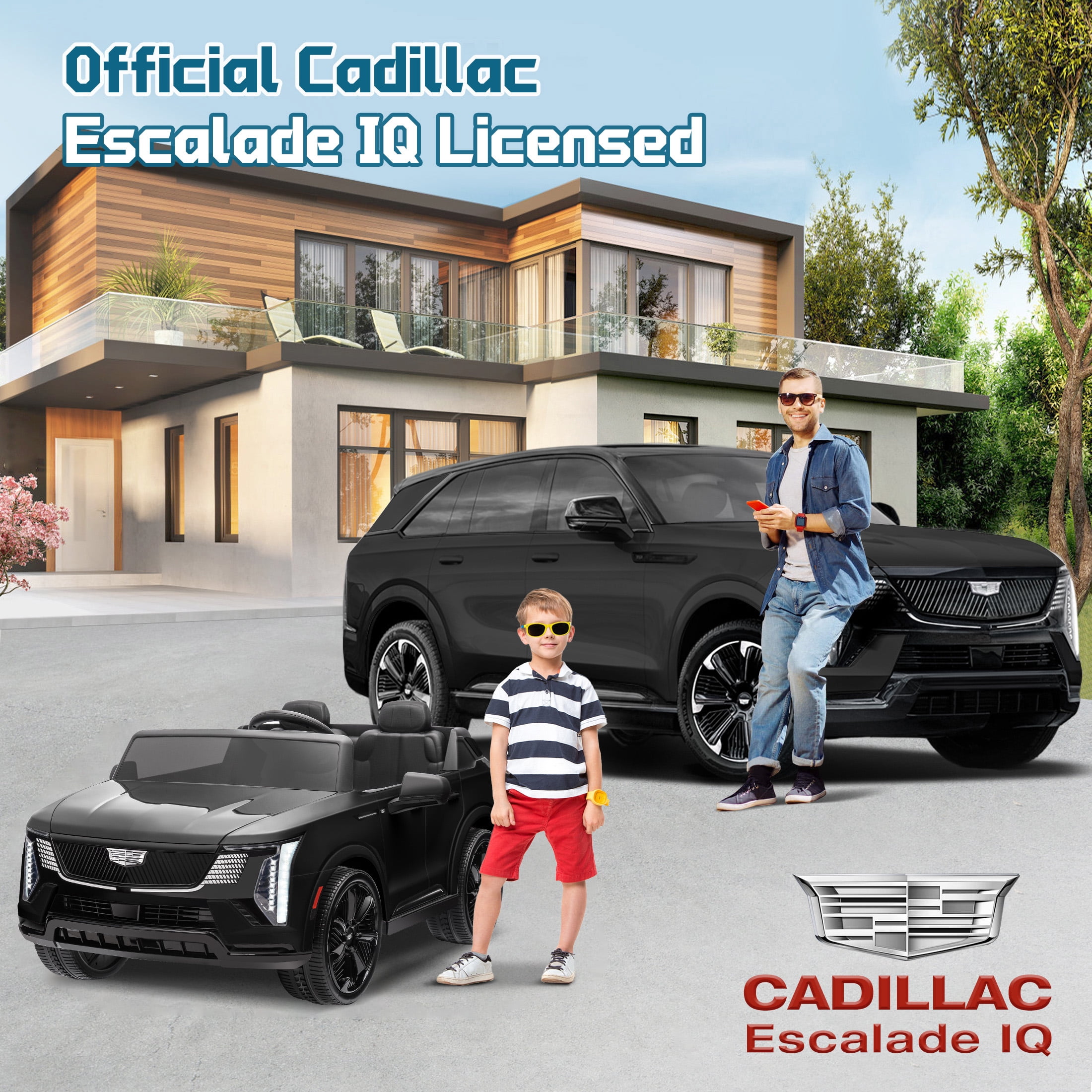 24V 2 Seater Ride on Cars, Licensed Cadillac Escalade IQ Powered Ride on Toys Truck with Remote Control, 4 Wheels Spring Suspension, LED Light, Electric Cars for Kids Ages 3-8 Gifts, Black