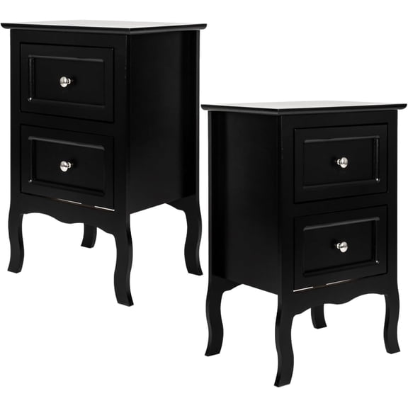 Black Nightstand Set of 2 for Bedroom, Vintage Small Night Stand with Drawers, Farmhouse Side Table, Wooden End Tables with Curved Legs for Office, Mid-Century