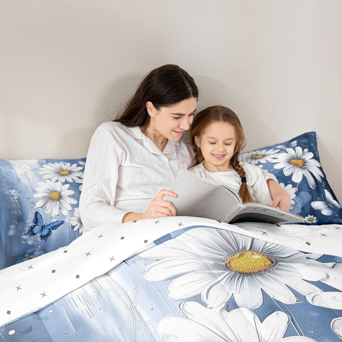 Homewish Cute Cartoon Daisy 7 Pieces Bedding Comforter Set,Rustic Flower Butterfly Full Bedding Set,Blue White Fitted Sheet Flat Sheet For Girls Kids,Microfiber Bedroom Decor Reversible