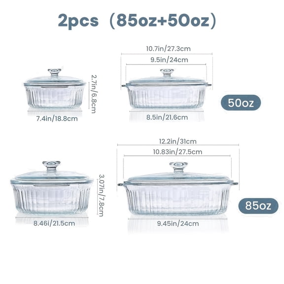 Glass Casserole Dish Set with Lids, 2 Pack Oval Baking Dishes, Clear 50oz & 85oz