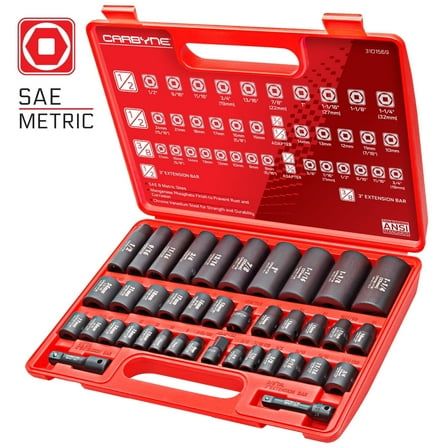 CARBYNE 40 Piece Impact Socket Set, SAE & Metric, Standard and Deep Sockets, 3/8" & 1/2" Drive