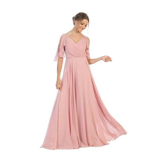 Women's Eva USA 3345 Long Formal Flutter Sleeves Bridesmaids Dress Dusty Rose Pink 4XL