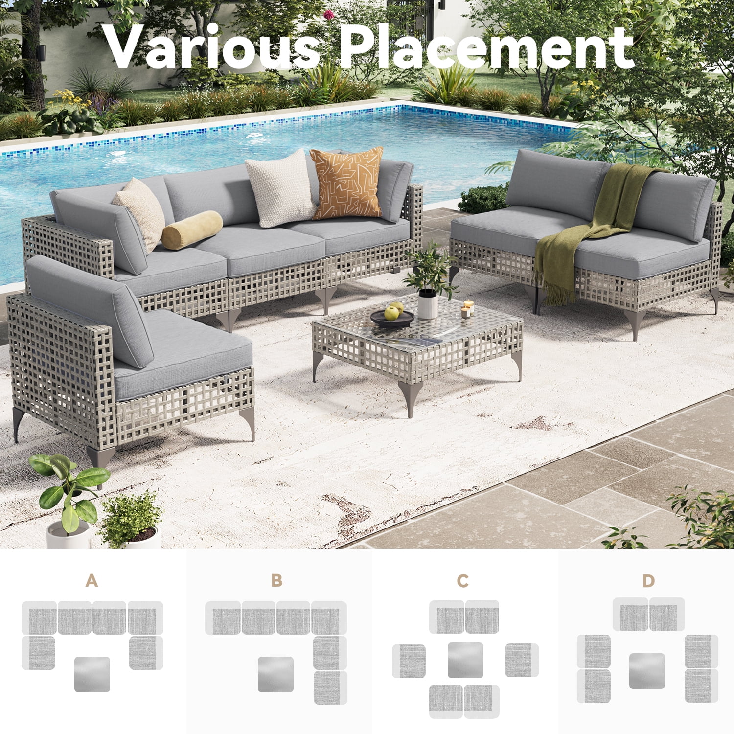 YODOLLA 7-Piece Patio Furniture Set with Tea Table, Rattan Wicker Outdoor Sectional Furniture Sofa Conversation Set, Grey Rattan&Light Grey Cushions
