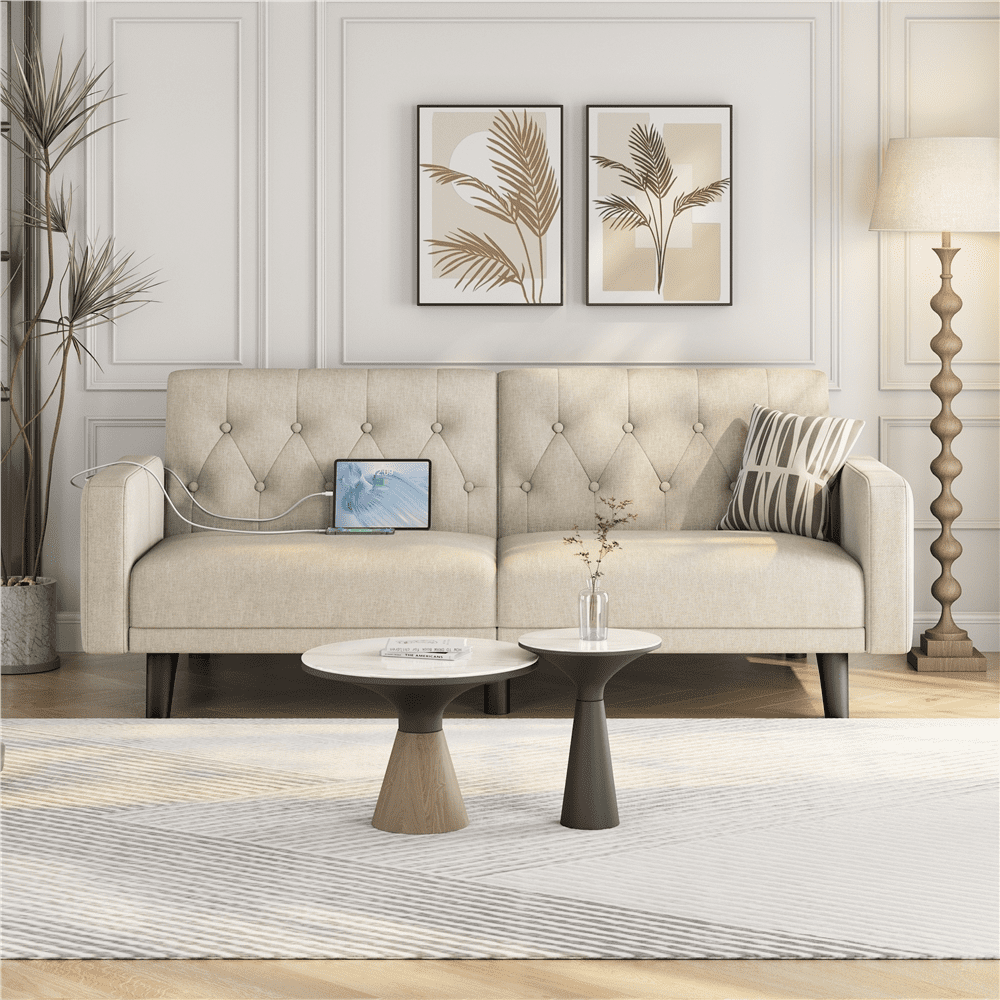 Renwick 63in Convertible Futon Sofa Bed with USB Ports, Beige