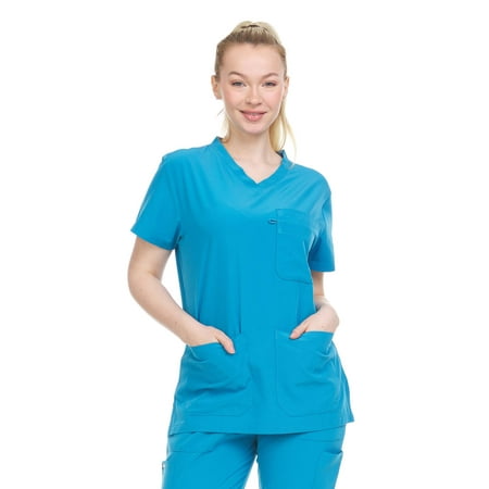 

Heal + Wear Women Scrubs Top V-Neck Short Sleeve Female Medical with Pockets Regular Fit 4 Way Stretch Teal XL
