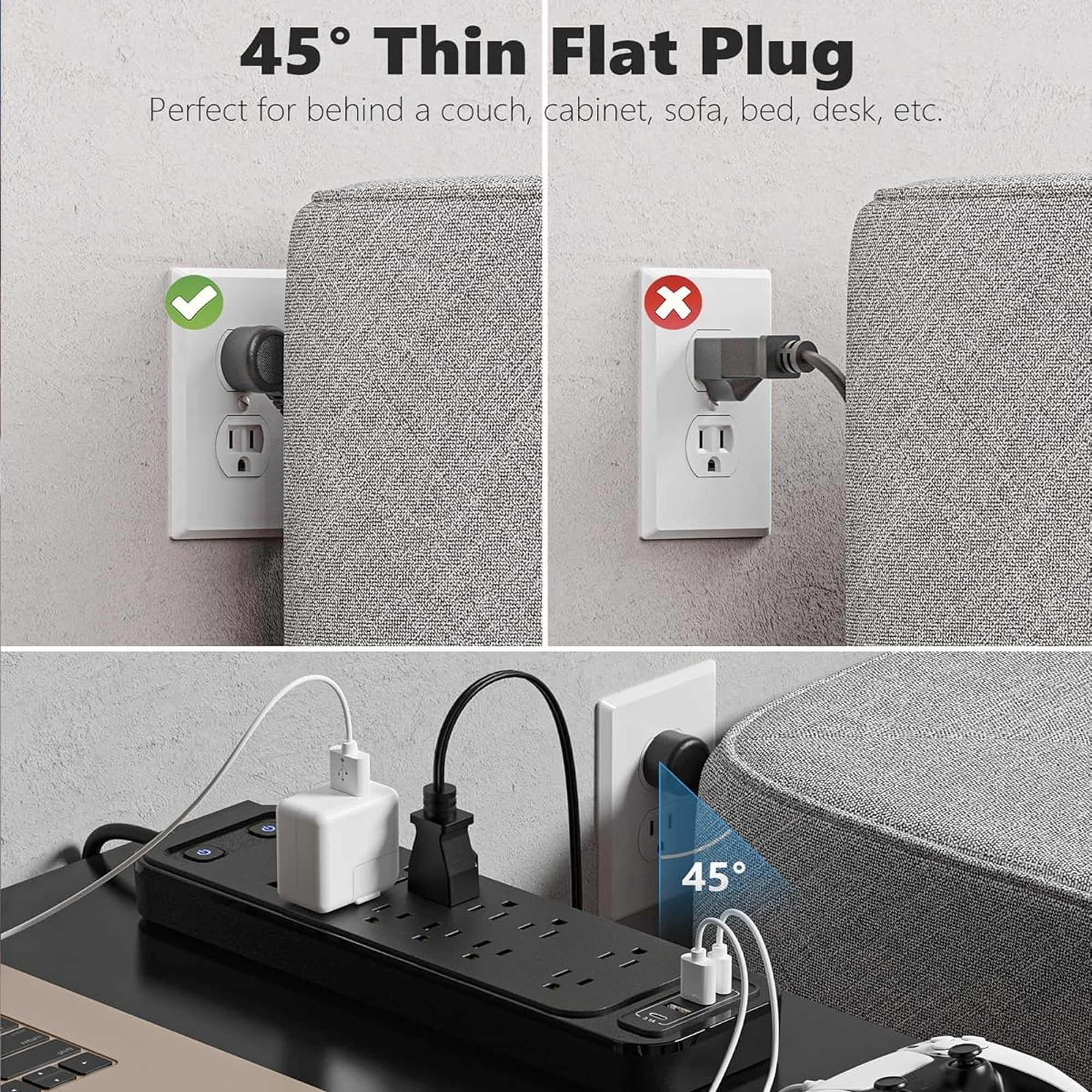 Power Strip with Surge Protection, Plug 12 Outlet Surge Protector Extender with 2 USB & USB-C Port, Flat Plug Extension Cord, Outlet Extender for Living Room, Bedroom, Travel, College, Dorm