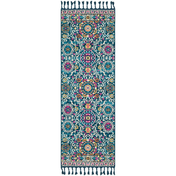 2.5' x 7.25' Traditional Style Blue and Bright Yellow Rectangular Area Throw Rug Runner