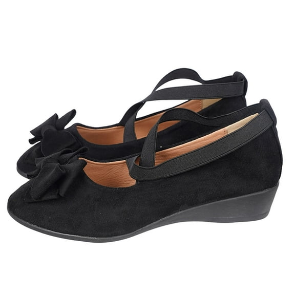 Black Womens Casual Shoes Slip-On Flats Bow Comfortable Breathable Elastic Strap Wedge Heel Walking Shoes 0.63Lb