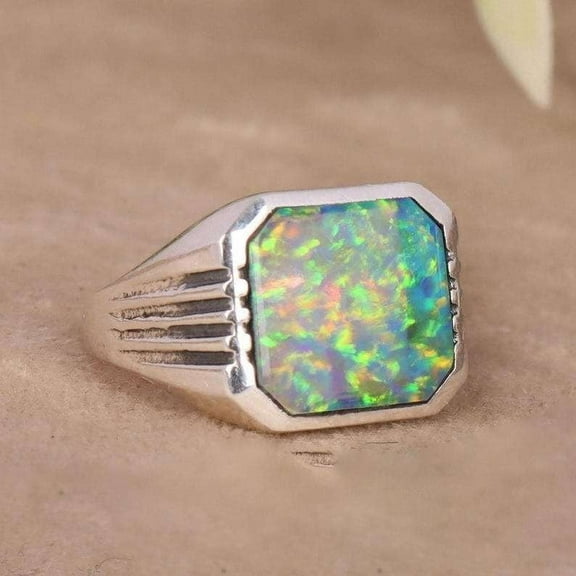 Rainbow Fire Opal 925 Sterling Silver Men's Signet Ring, Gift For Father, October Birthstone Ring