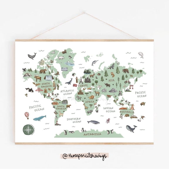 Illustrated World Map Print, Whimsical Landmarks And Animals, Unframed Paper Poster 24x36in