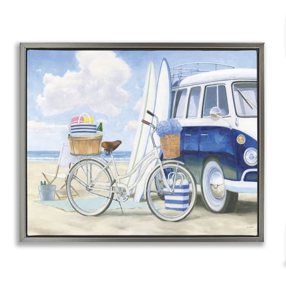Stupell Industries Tropical Surf Van & Beach Bike Gray Floating Frame Canvas Art, 21 x 17, by James Wiens