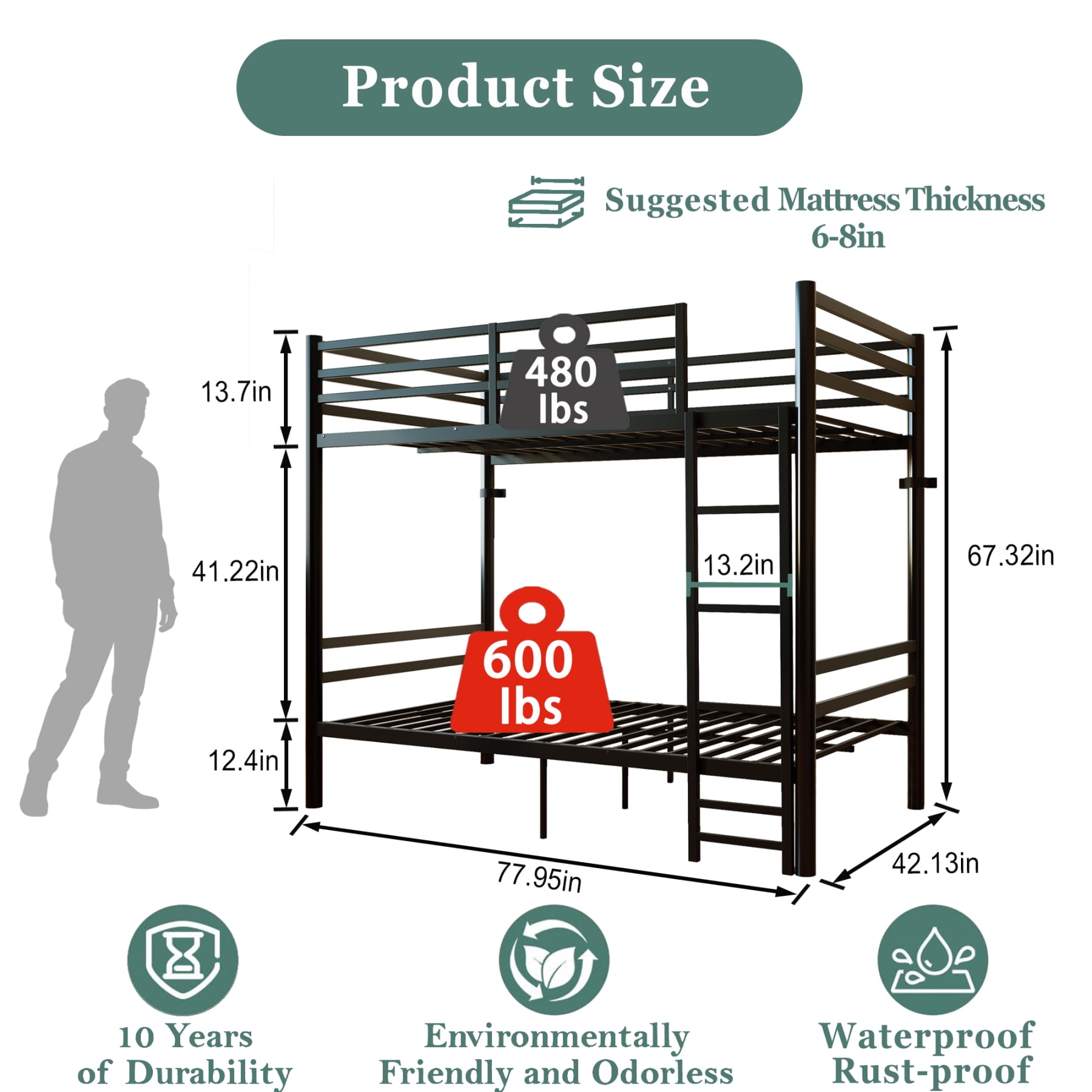 Leumius Metal Bunk Bed Twin Over Twin,13.7" High Safety Guardrail, Heavy-Duty Slats Support Up to 600LBS, Sturdy Side Ladder, Large Under Bed Storage, Convertible into 2 Separate Twin Beds,Black