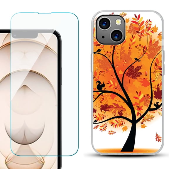 Slim-Fit Flexible TPU Gel Phone Case for iPhone 13, with Tempered Glass Screen Protector, by OneToughShield ® - Golden Tree