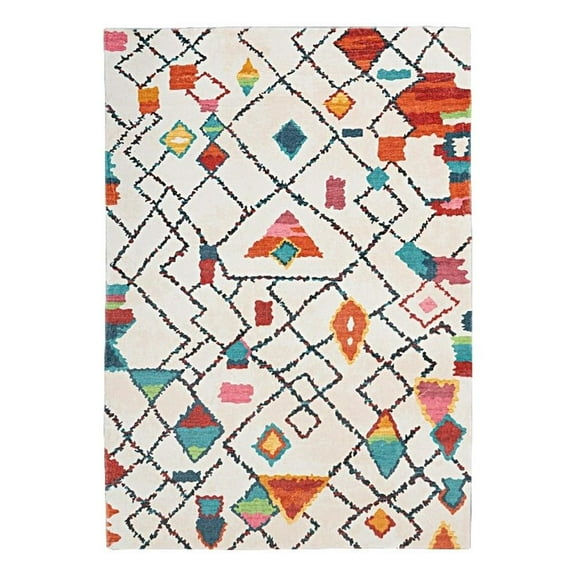 Linon Motif Printed Faux Rabbit Roboto Polyester 5'x7' Area Rug in Ivory