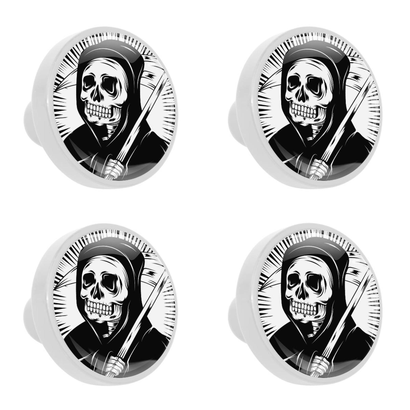 Ownta 4Pcs Kitchen Knob Round Skull Reaper Black White