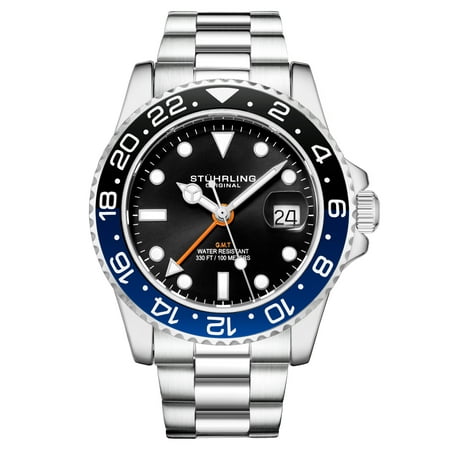 Ambassador Series: 3965.1 Men's Watch 2 time zone quartz GMT Dive Watch 10 ATM Magni-Date Window Stainless Steel Bracelet Swiss Quartz
