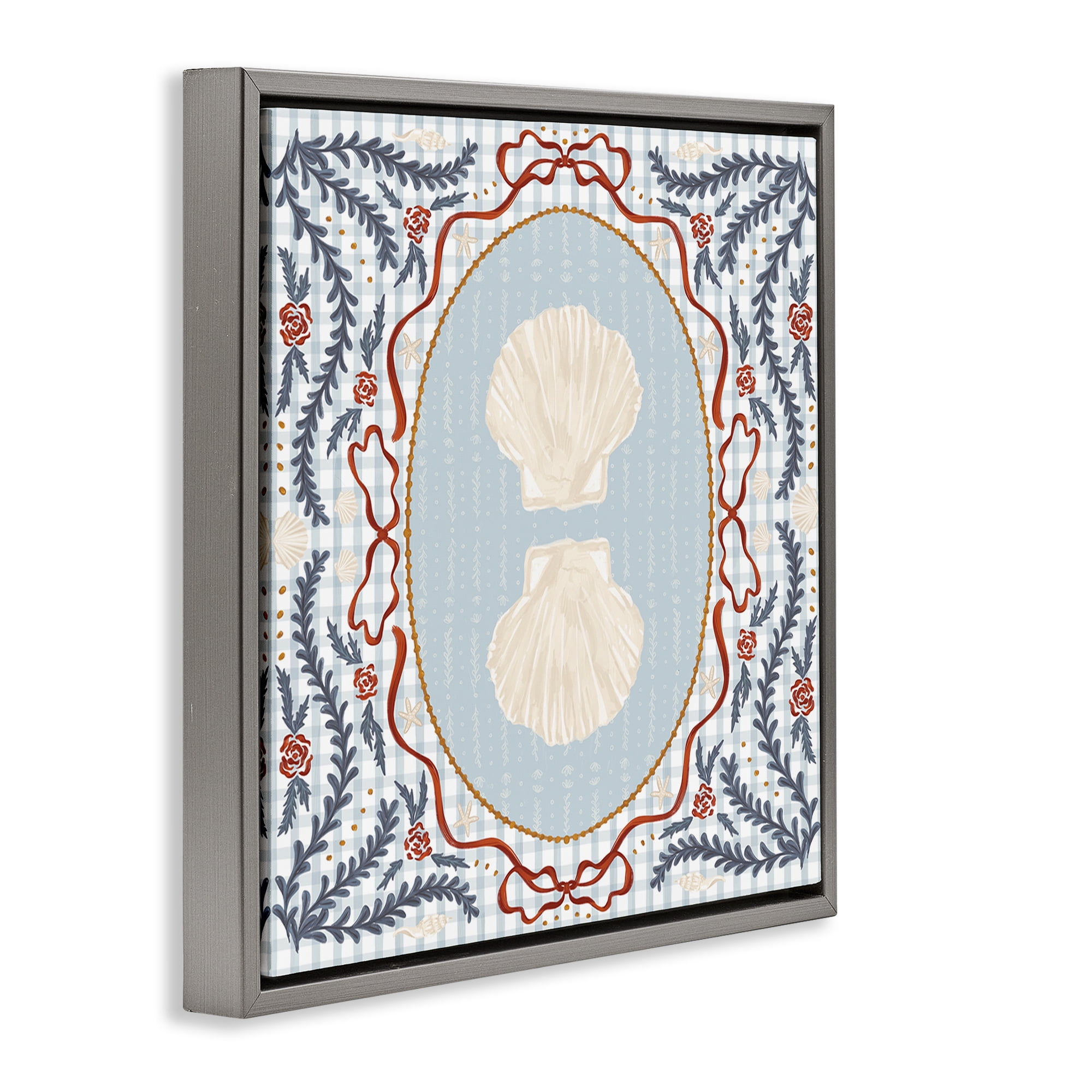 Stupell Industries Shells Portrait on Gingham Gray Framed Floater Canvas Wall Art, design by Vero Illustrates