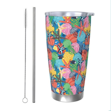 

Cauagu Starfish And Algae Pattern 20oz Tumbler Stainless Steel Vacuum Insulated Tumbler with Lid Insulated Coffee Mug Thermal Cup with Splash Proof Sliding Lid-Straw Two-piece Set