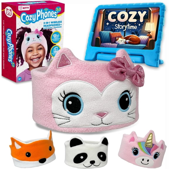 CozyPhones 3.0 Kids Headphones Wireless & Wired with Volume Limiting, Perfect Toddler Earphones - Includes Wired Option & Travel Bag. Great for Girl or Boy, School, Home and Travel - Pink Kitty