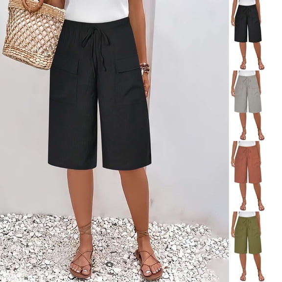 Zorckvet Womens Summer Shorts with Pockets Elastic Waist Beach Bermuda Fashion Knee Length Short for Women