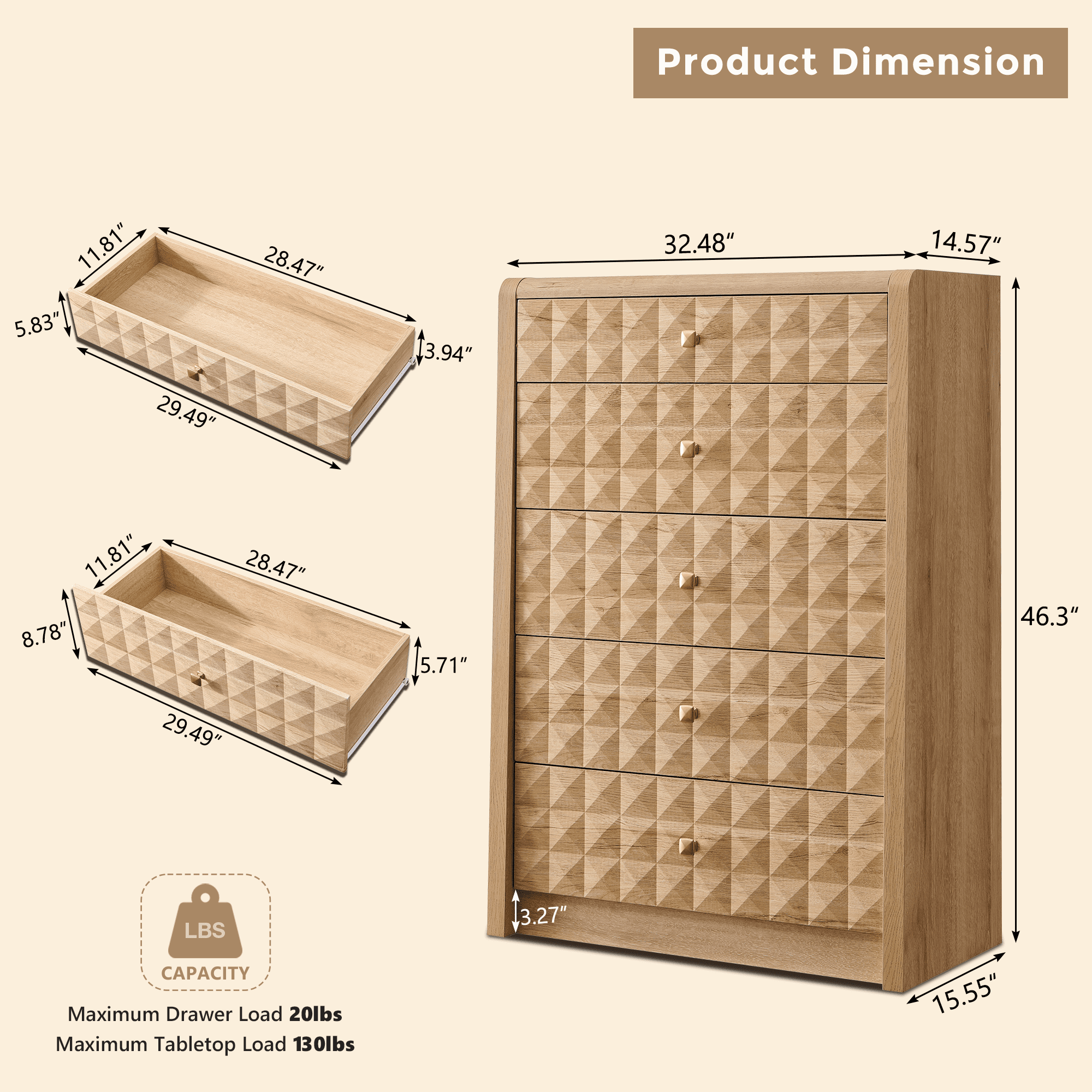wow97e Modern 5 Drawer Dresser for Bedroom, Wooden Tall Dressers & Chests of Drawers w/Diamond Panel Decorate, Natural