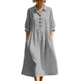 thumbnail image 2 of QUNYINEY Cotton Linen Dresses for Women 2026 3/4 Sleeve Midi A Line Shirt Dress Collared Solid Button with Pockets Loose Fit Dresses S-2XL, 2 of 7