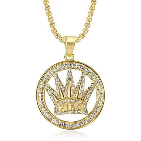 Hip Hop King Crown Pendant Necklace 14K Yellow Gold Men Rapper Hip Hop Punk Long Chain Necklace Women Statement Necklace Gift