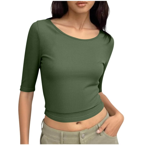 Shirts for Women Solid Long Sleeve Fall Round Neck Pullover Blouse Army Green,Womens Tops