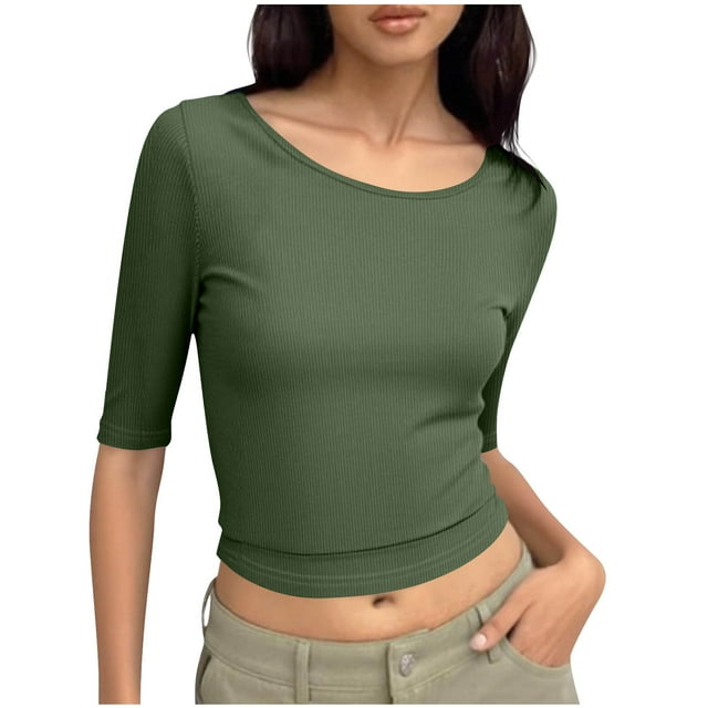 Soki Tops for Women Solid 3/4 Sleeve Slim Fit Fall Round Neck Base Layer Shirts Blouse