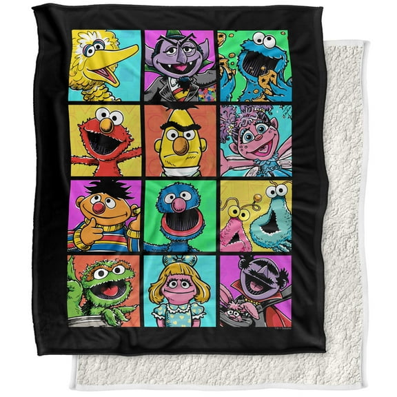 Sesame Street Blanket, 50"x60", Hand Drawn Squares Silky Touch Sherpa Back Super Soft Throw Blanket