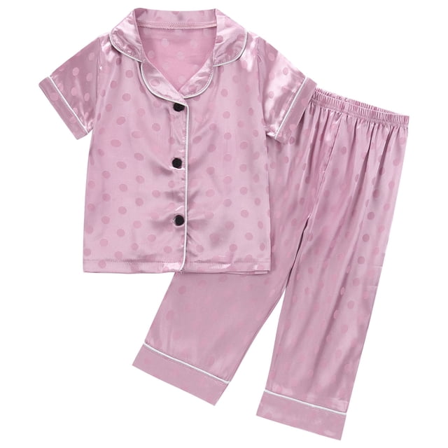 Odeerbi 1-8 Años Niños Niñas Pijama de Verano de Satén Con Solapa de Muesca Camisa de Manga Corta Pantalón Conjunto de Ropa de Dormir Suave Pijama de Dos Piezas