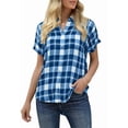 thumbnail image 3 of Women Short Sleeve Button Down Plaid Print Casual Blouses Tops, 3 of 4