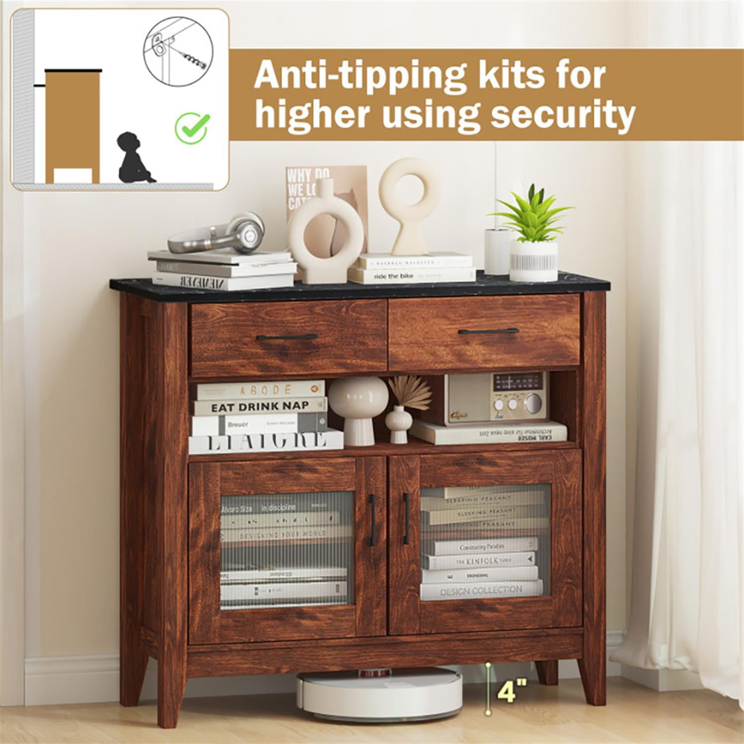 Demi Bonn 39" Sideboard Buffet Cabinet with 2 Drawers and 1 Open Compartment, Kitchen Storage Cabinet, Wood Coffee Bar Buffet Table for Dining Room, Brown