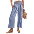 thumbnail image 2 of Hearthz Gingham Plaid Womens Wide Leg Pants Elastic Smocked Waist Womens Cropped Pants Flowy Baggy Womens Flowy Pants Blue L, 2 of 7