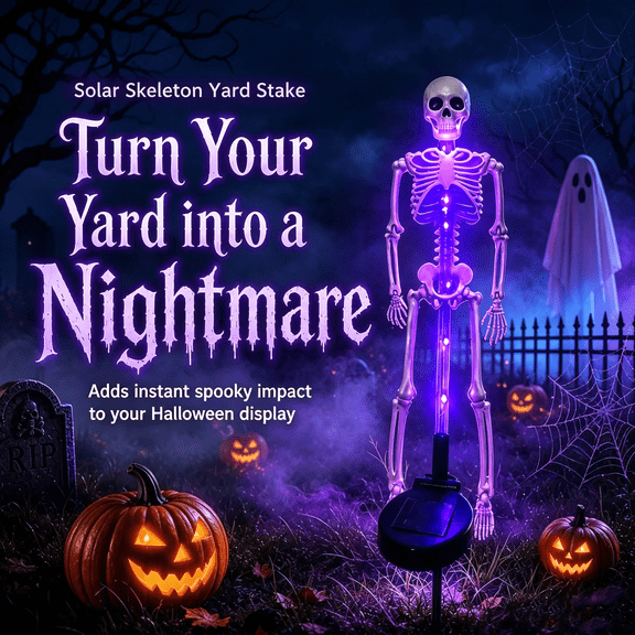 Solar Skeleton Yard Stake Halloween Decorations Outdoor Light，Purple LED Lamp Waterproof Realistic Skeleton-Shaped Streetlight for Yard Garden Lawn