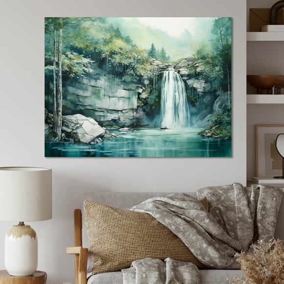 Designart waterfall Wall art decor, Waterfall Wall Art, Magical Cliff Waterfall Scenery , Extra large Canvas wall art, 32x16 inches