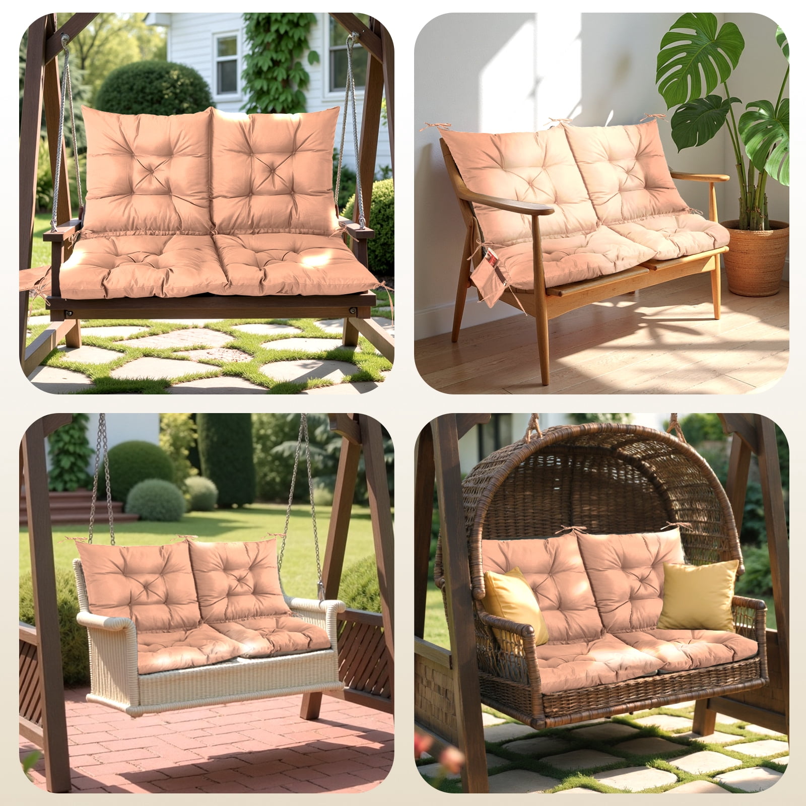 Outdoor Bench Cushion Inlife Swing Chair Cushion Waterproof with 8 Nonslip Ties, Khiki 120cm*100cm