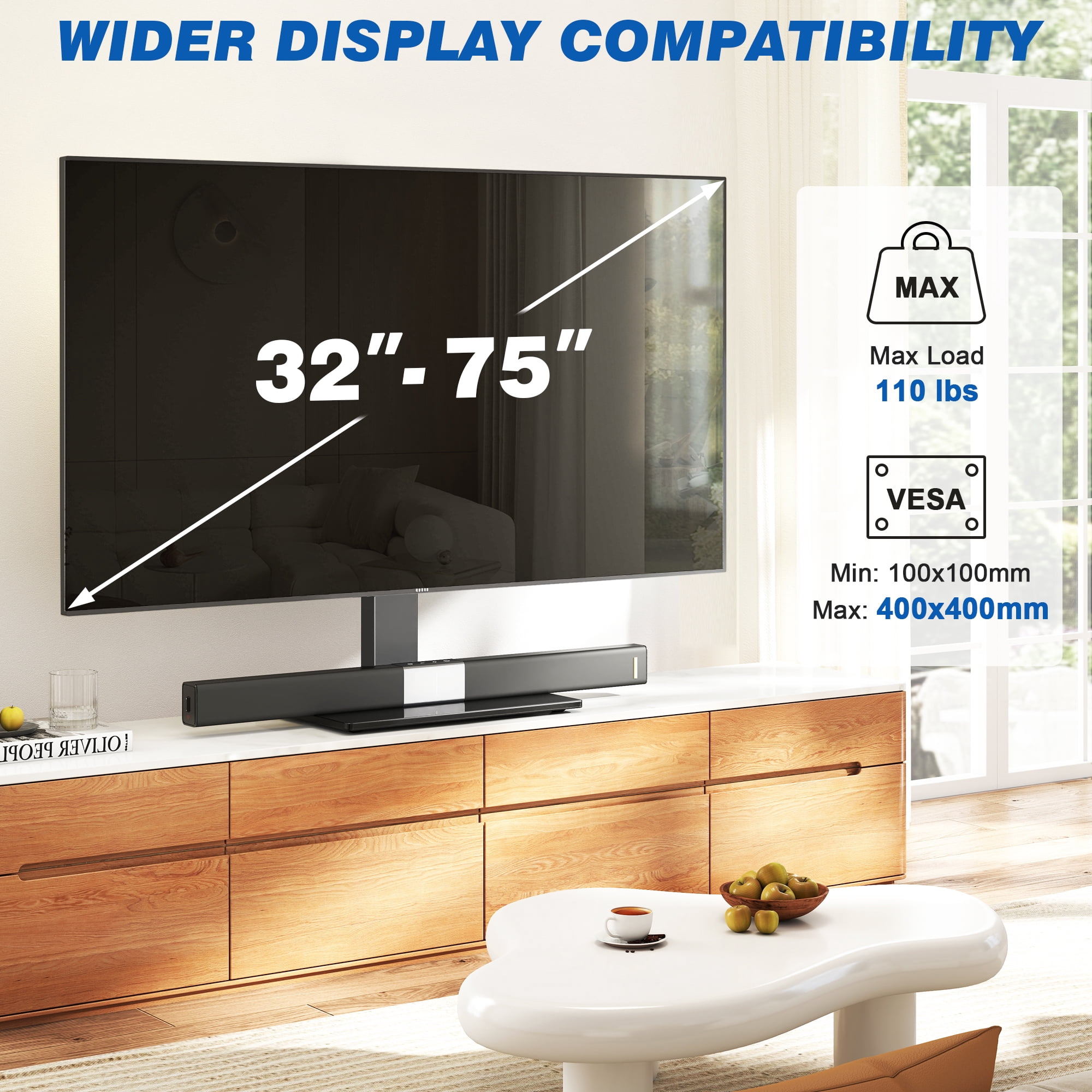 RTVR Universal Table Top TV Stand for 32 to 75 inch Flat Screen TVs, Swivel Height Adjustable Table Mount Base, Black