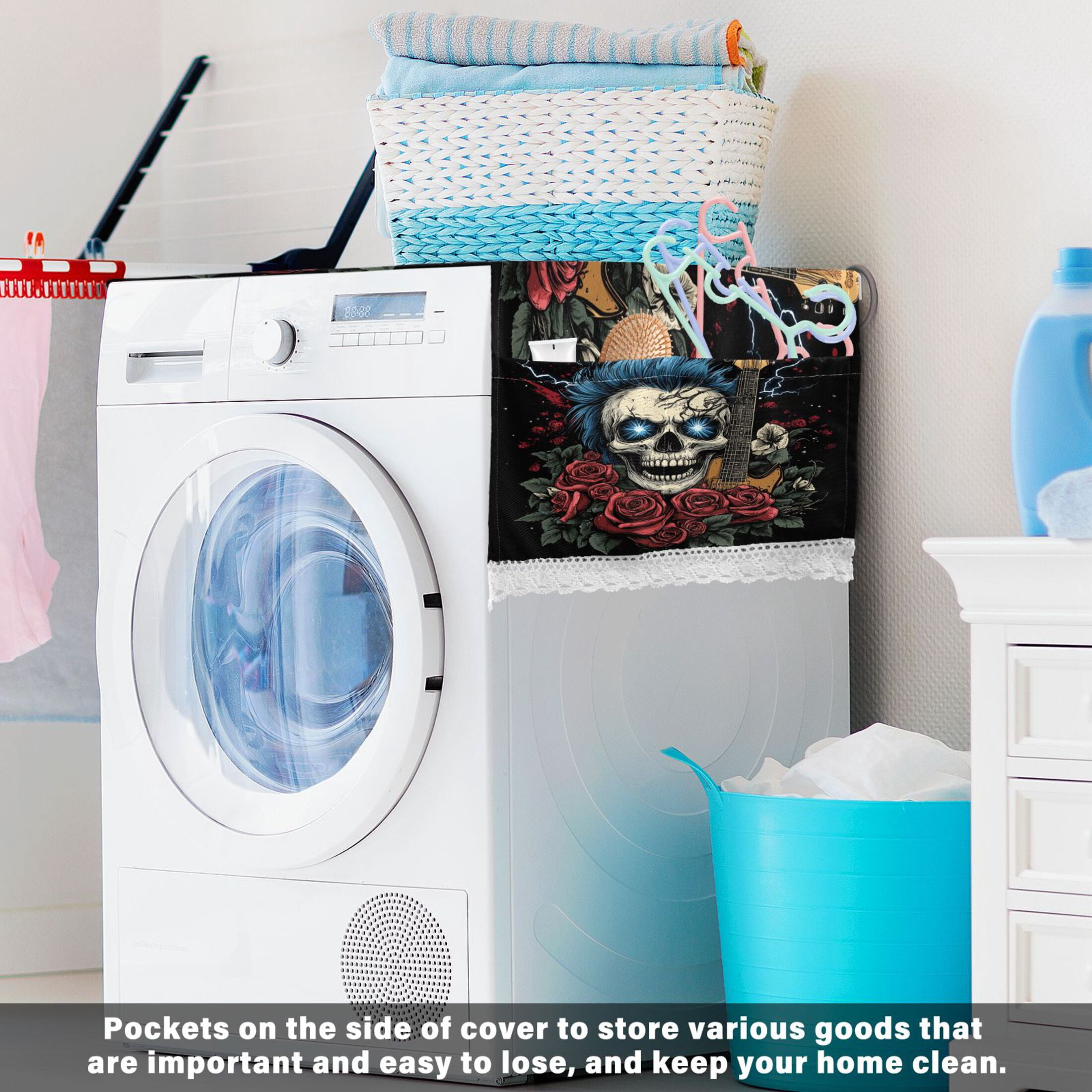 WOBOGO Blue Hair Skull Guitar Pattern Washing Machine Cloth Dryer Refrigerator Top Cover Protective Non-Slip Mat For Kitchen Laundry