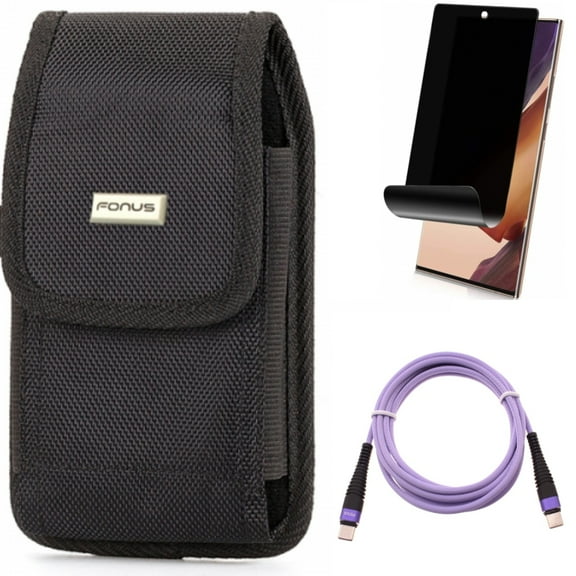 Privacy Screen Protector & Purple 6ft PD Cable & Case Belt Clip for Samsung Galaxy Note 20 Ultra (6.9") - Combo with TPU Film Anti-Peep & Type-C to USB-C Long Charger Cord & Swivel Holster
