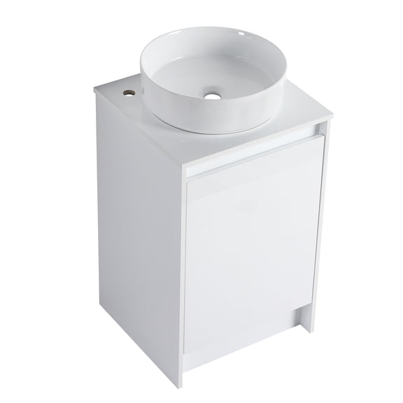 JERFIT 20 inch Freestanding Bathroom Vanity with Ceramic Sink, Soft Closing Doors, Glossy White Finish, Floor Standing Storage Cabinet
