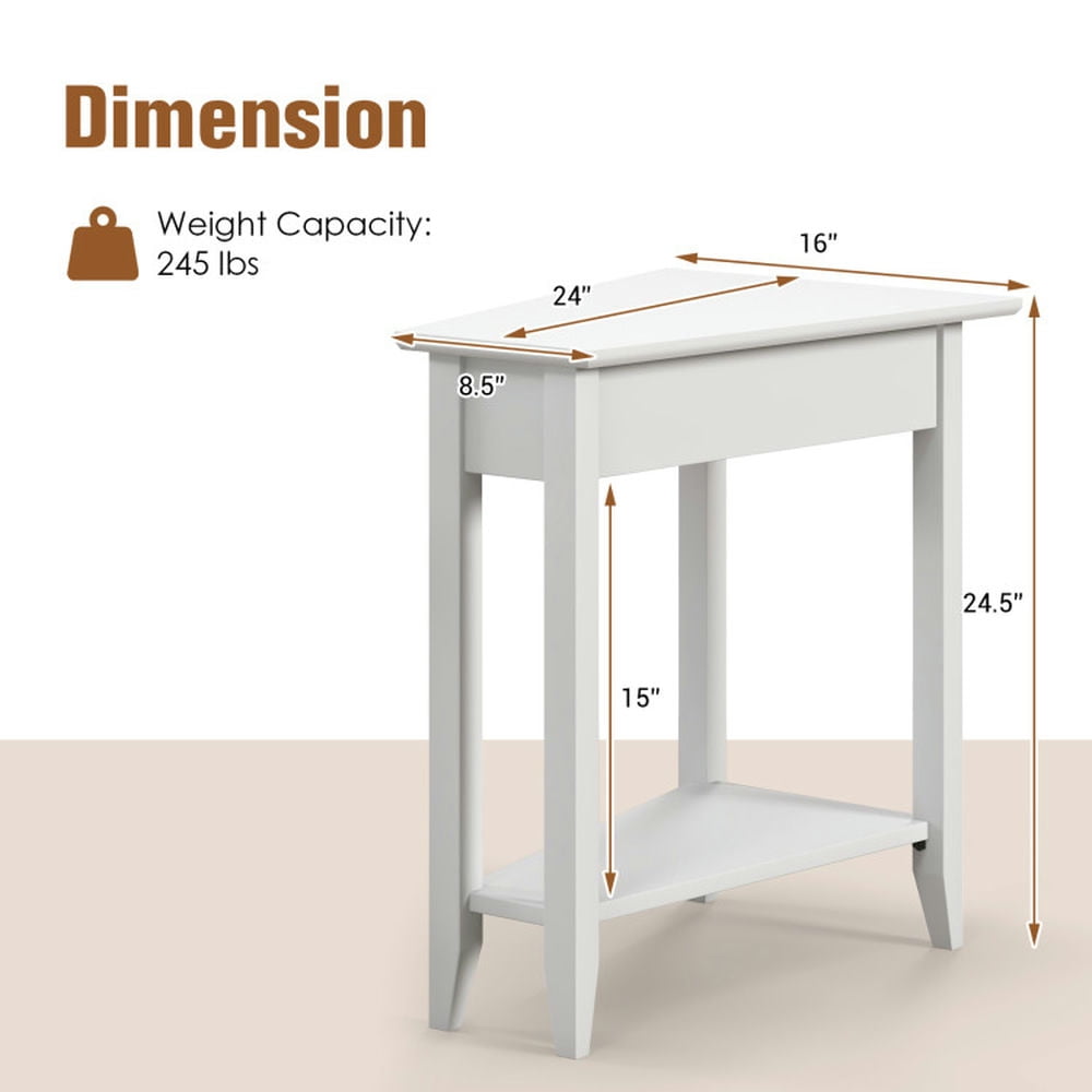 Finihen End Table, 2-Tier Wedge Narrow End Table with Storage Shelf and Solid Wood Legs, Sofa Side Table, Bed Side Table, for Living Room, Bedroom, White Finihen End Table, 2-Tier Wedge Narrow End Table with Storage Shelf and Solid Wood Legs, Sofa Side Table, Bed Side Table, for Living Room, Bedroom, White