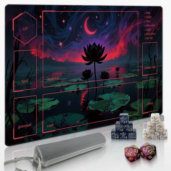 Playmat Extalas MTG TCG con bolsa de almacenamiento y 14 dados en forma de flor de loto