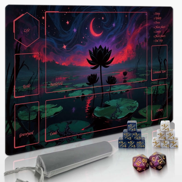 Playmat Extalas MTG TCG con bolsa de almacenamiento y 14 dados en forma de flor de loto