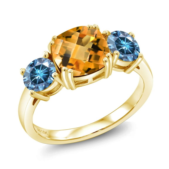 Gem Stone King 18K Yellow Gold Plated Silver Yellow Citrine and Persian Blue Moissanite 3 Stone Engagement Ring for Women (3.00 Cttw, Gemstone November Birthstone, Cushion Checkerboard 8MM, Size 8)