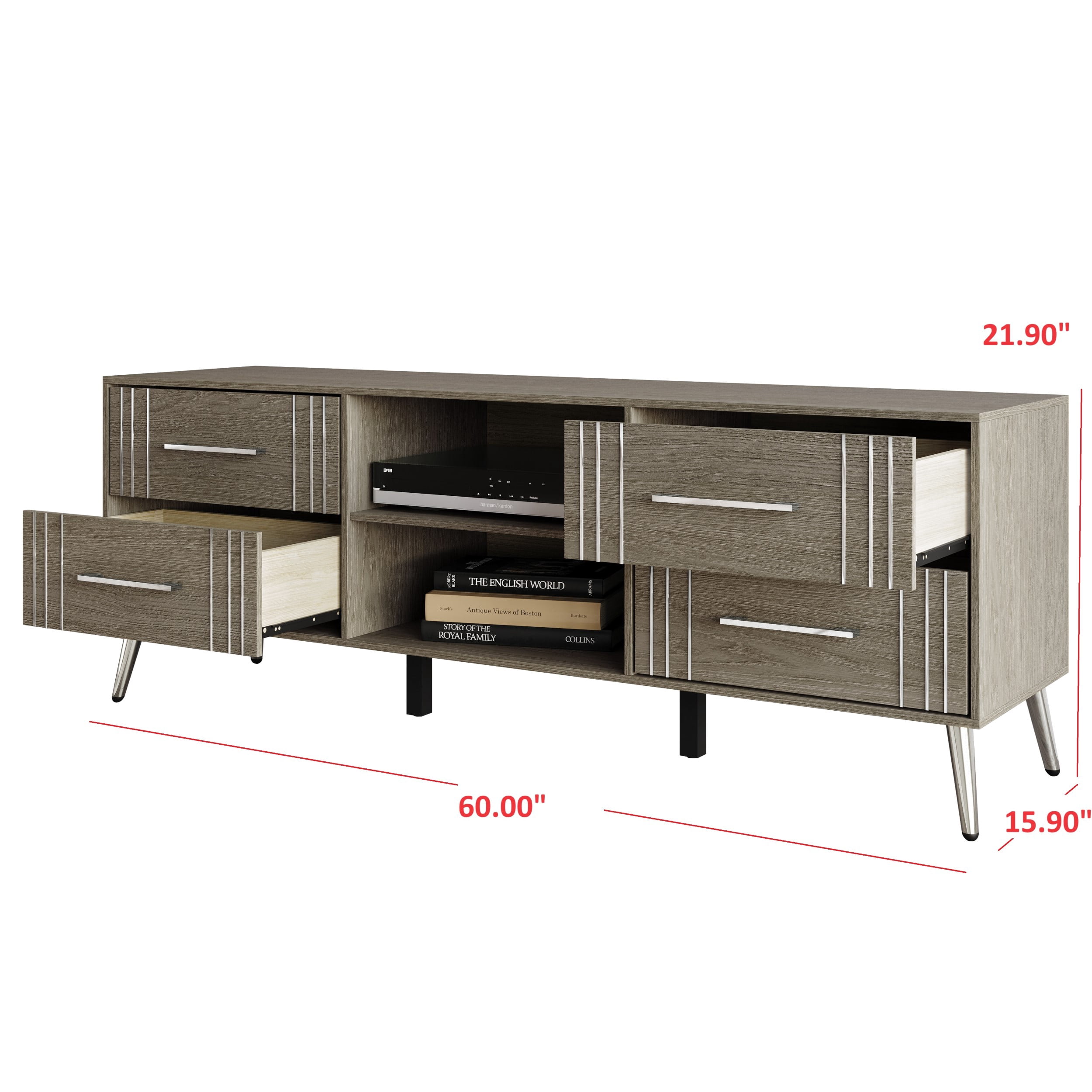 Home Design Ashwin TV Stand with Storage Shelves and Drawers, Gray, Easy Assembly