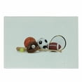 thumbnail image 1 of Youth Cutting Board, Assorted Sports Equipment Different Balls Bat Tennis Racket Baseball Glove on White, Decorative Tempered Glass Cutting and Serving Board, Small Size, Multicolor, by Ambesonne, 1 of 1