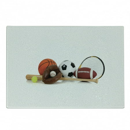 

Youth Cutting Board Assorted Sports Equipment Different Balls Bat Tennis Racket Baseball Glove on White Decorative Tempered Glass Cutting and Serving Board Small Size Multicolor by Ambesonne