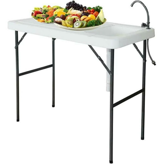 Portable Folding Fish Table, Folding Fish Cleaning Table with Sink & Faucet, Outdoor Folding Camping Sink Table for Picnic Garden Kitchen Camping
