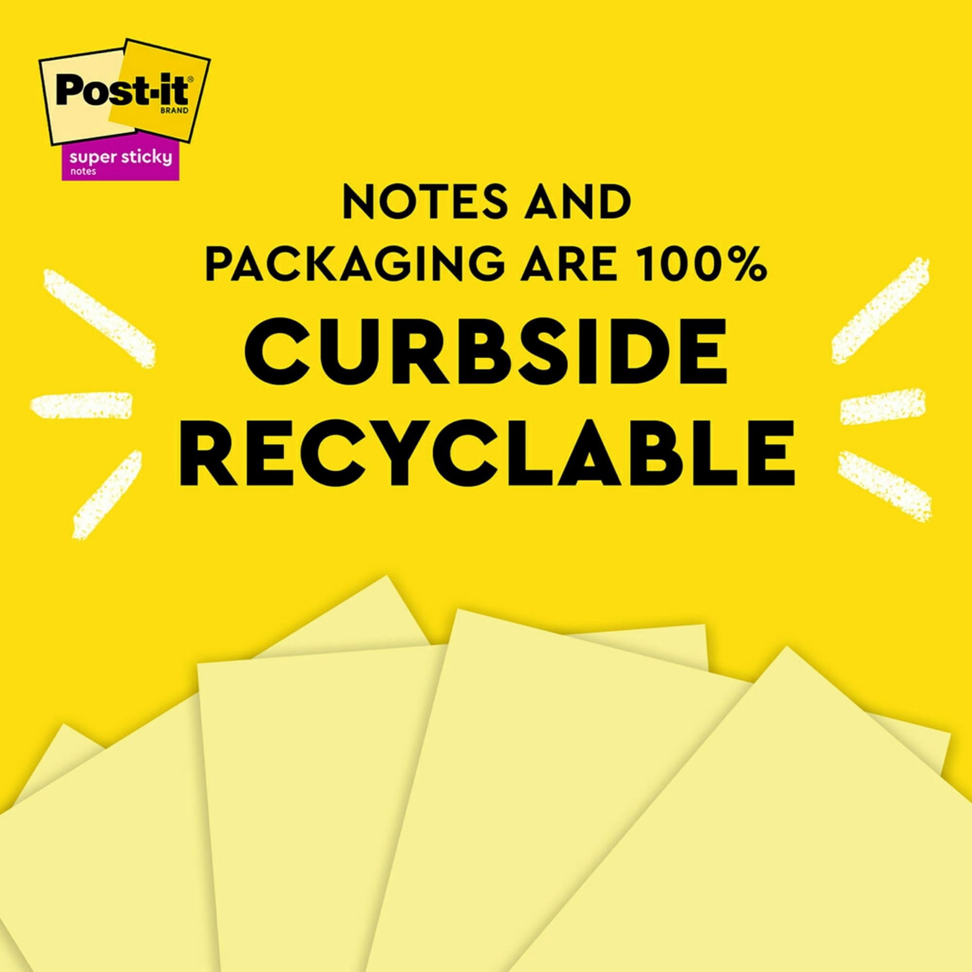 Post-it Super Sticky Recycled Notes, 3 in x 3 in, 24 Pads, 70 Sheets/Pad, 2x the Sticking Power, Canary Yellow, 100% Rec